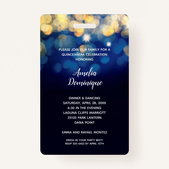 Trendy Navy Gold Bokeh Quinceañera Invite VIP Pass Badge (Back)