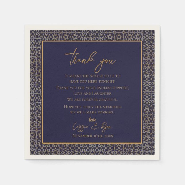 Trendy Navy Gold Design Wedding Thank you Message Napkins (Front)