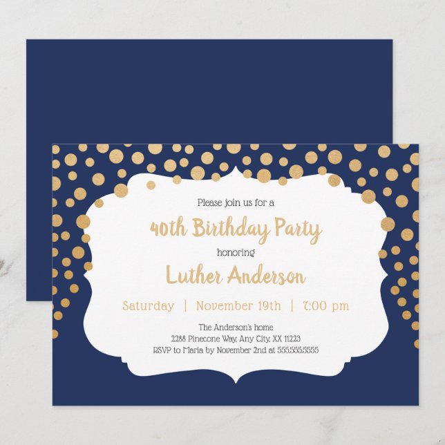 Trendy navy gold dots birthday party invitation (Front/Back)
