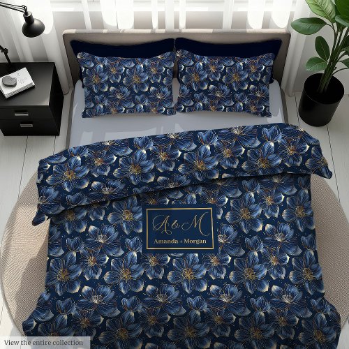 Trendy Navy Gold Floral Bedding Chic Newlywed Gift