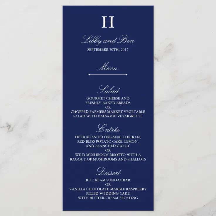 Trendy Navy & White Wedding Menu Template | Zazzle