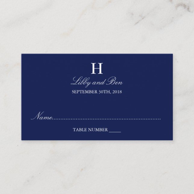 Trendy Navy & White Wedding Place Card (Front)