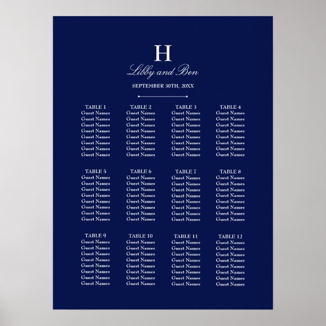 Trendy Navy & White Wedding Seating Chart (Front)