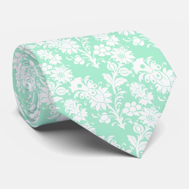 Trendy Neo Mint Floral Pattern Groomsmen Wedding Neck Tie (Rolled)
