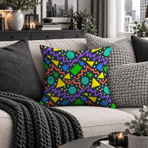 Trendy Neon Abstract Shapes Black Throw Pillow