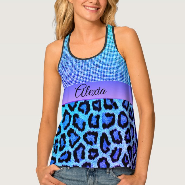 Trendy Neon Blue Leopard Pixel Print Tank Top (Front)