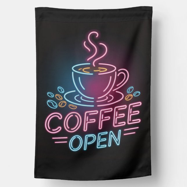 Trendy Neon Cafe Coffee Open Blue Pink Black      House Flag (Back)