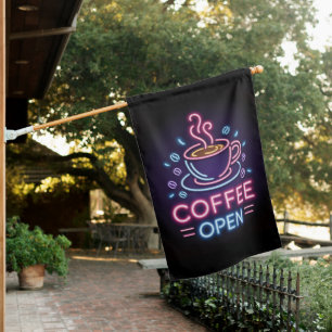 Trendy Neon Cafe Coffee Open Blue Pink Black House Flag