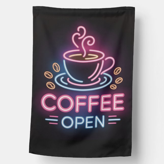 Trendy Neon Cafe Coffee Open Blue Pink Black      House Flag (Front)