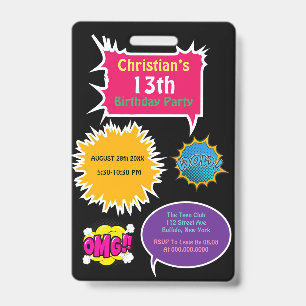 Trendy Neon Comic Birthday Party Badge