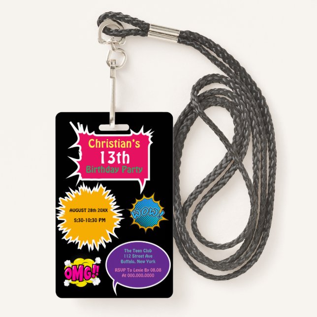 Trendy Neon Comic Birthday Party Badge (Front with Lanyard)