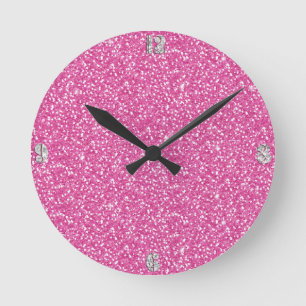Trendy Neon Hot Pink Glitter Round Clock