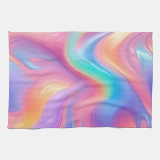 Trendy neon Pink Blue green abstract waves  Kitchen Towel (Horizontal)