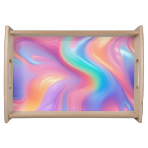 Trendy neon Pink Blue green abstract waves Serving Tray