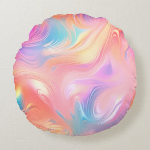 Trendy neon Pink Blue yellow abstract waves Round Pillow
