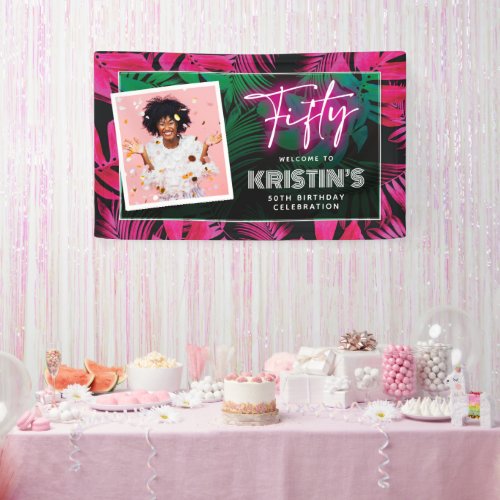 Trendy Neon Pink Tropical 50th Birthday Welcome Banner