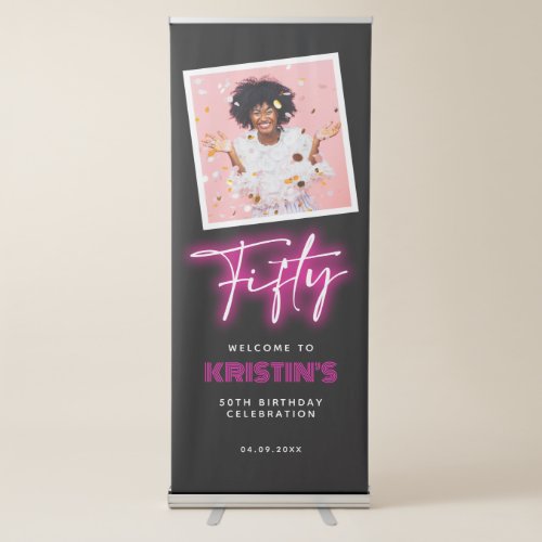 Trendy Neon Pink Tropical 50th Birthday Welcome Retractable Banner