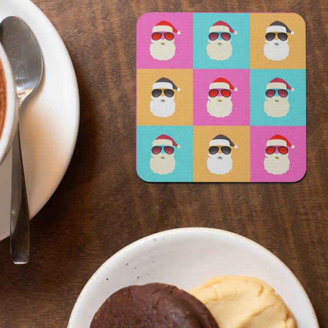 Trendy Neon Santa Sunglasses Pattern Retro Beverage Coaster (Creator Uploaded)