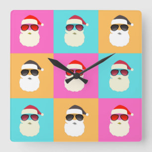 Trendy Neon Santa Sunglasses Pattern Retro Square Wall Clock