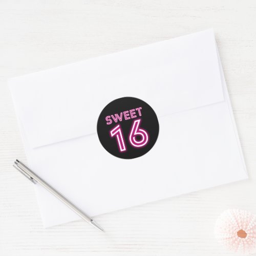 Trendy Neon Sweet Sixteen Hot Pink and Black Classic Round Sticker