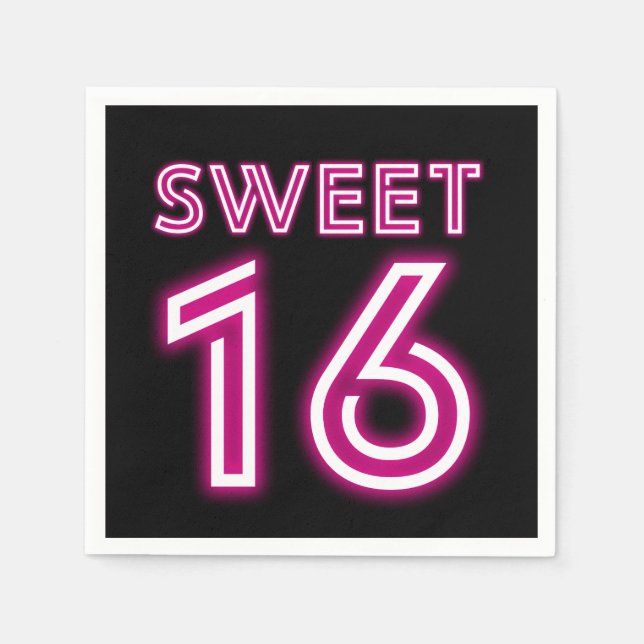 Trendy Neon Sweet Sixteen Hot Pink and Black Napkins (Front)
