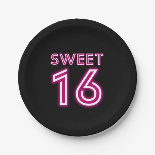 Trendy Neon Sweet Sixteen Hot Pink and Black Paper Plates