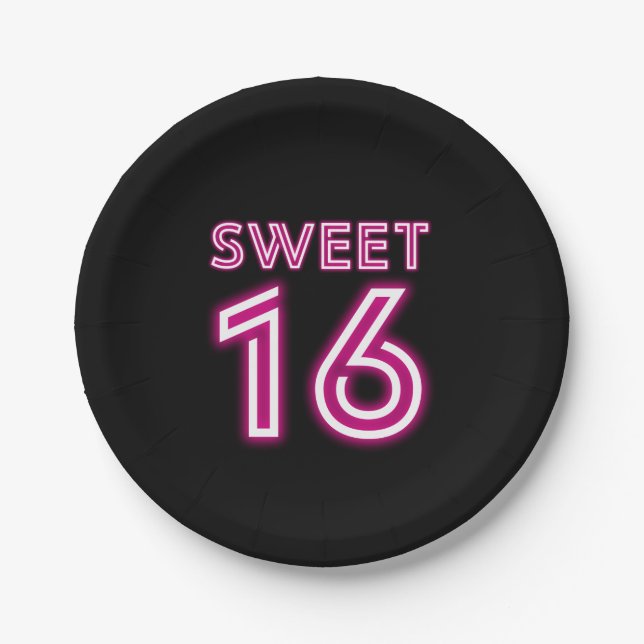 Trendy Neon Sweet Sixteen Hot Pink and Black Paper Plates (Front)