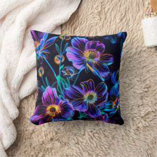 Trendy Neon Vibrant Glow Floral  Throw Pillow