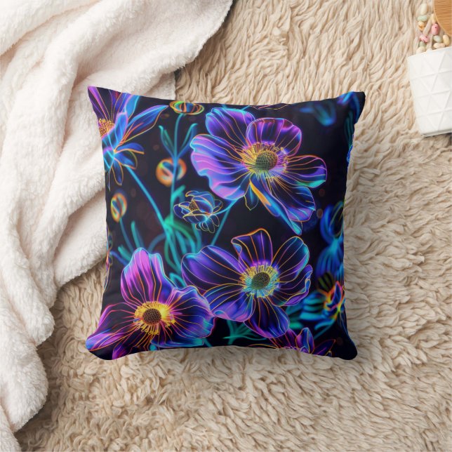 Trendy Neon Vibrant Glow Floral  Throw Pillow (Blanket)