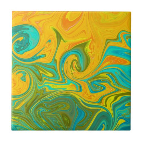 Trendy Neon Yellow Orange Green Abstract Swirl Ceramic Tile