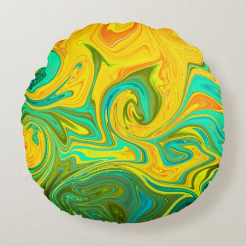 Trendy Neon Yellow Orange Green Abstract Swirl Round Pillow