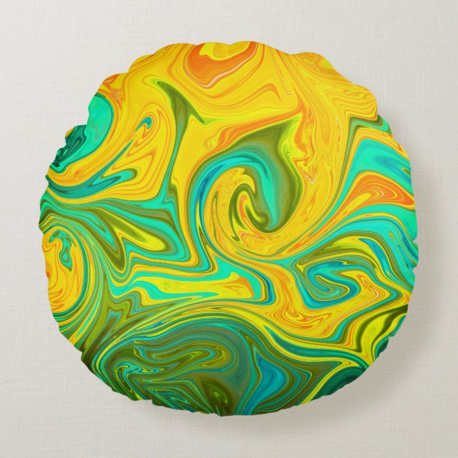 Trendy Neon Yellow Orange Green Abstract Swirl Round Pillow (Front)