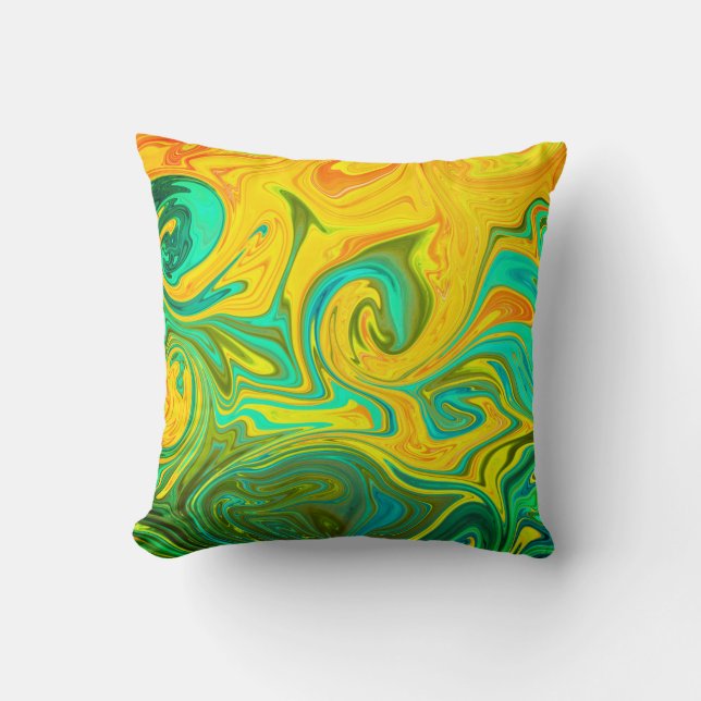 Trendy Neon Yellow Orange Green Abstract Swirl Throw Pillow (Front)