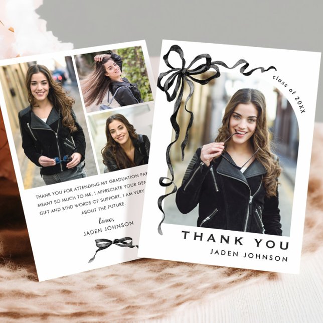 Trendy Neutral Black Bow Ribbon 4 PHOTO Graduation Thank You Card (Creator Uploaded)