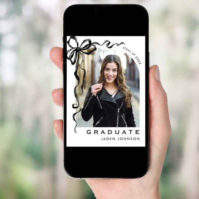 Trendy Neutral Bow Ribbon 4 PHOTO Graduation Party Invitation (Front Digital)