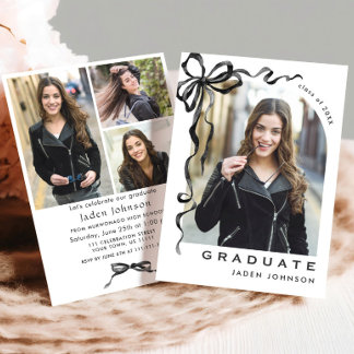 Trendy Neutral Bow Ribbon 4 PHOTO Graduation Party Invitation