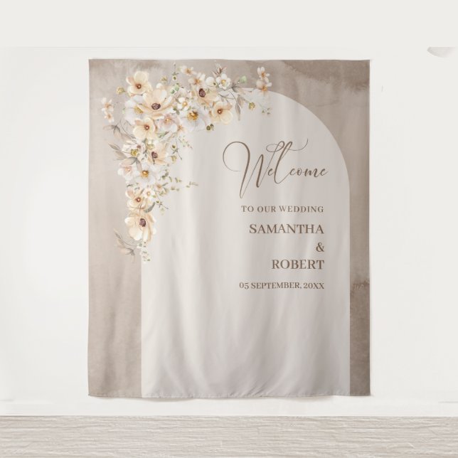 Trendy neutral wildflowers boho arch wedding tapestry (Front)