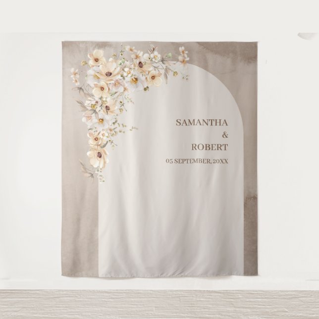 Trendy neutral wildflowers boho arch wedding tapestry (Front)