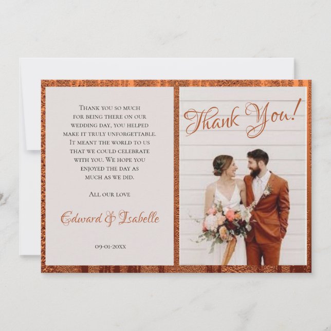 Trendy Newlyweds Wedding Photo Faux Copper Frame Thank You Card (Front)