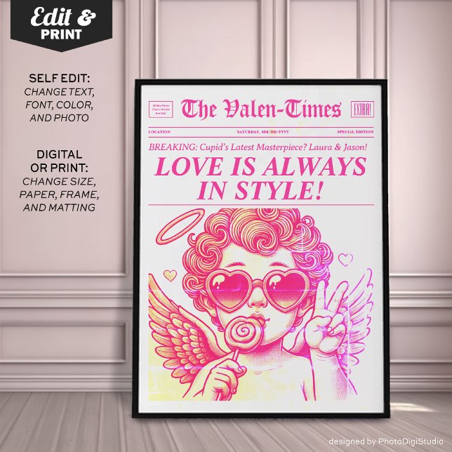 Trendy Newspaper Art Print, Pink Cupid Wall Art (Personalized Trendy Newspaper Art Print, Pink Cupid Wall Art, Love is Always in Style)
