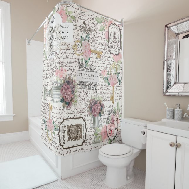 Trendy newspaper Botanical Chic Frenchy pattern Shower Curtain (In Situ)