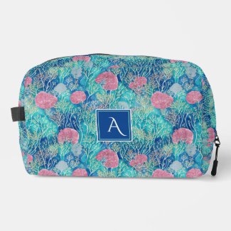 Trendy Ocean Turquoise Corals Watercolor Monogram
