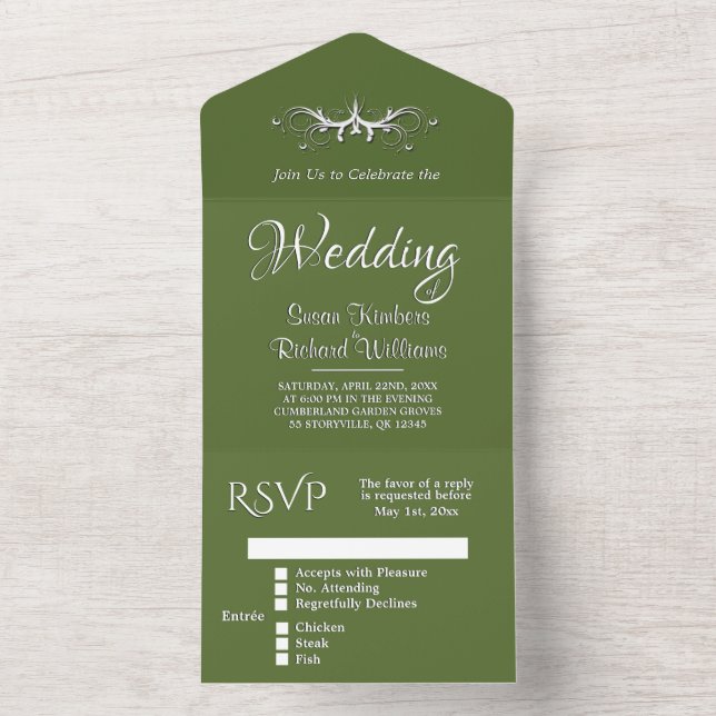  Trendy Olive and White Tri Fold w Rsvp Wedding  A All In One Invitation (Inside)