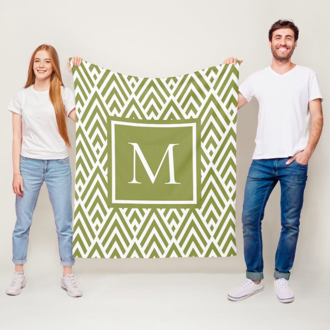 Trendy Olive Green Monogram Arrow Diamond Pattern Fleece Blanket (In Situ)