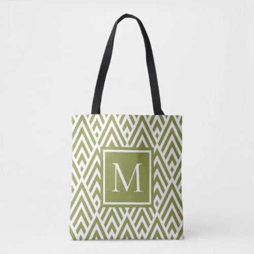 Trendy Olive Green Monogram Arrow Diamond Pattern Tote Bag