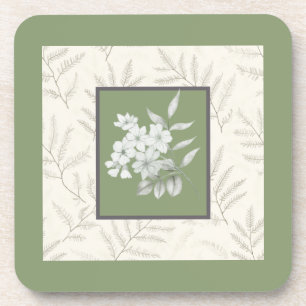 Trendy olive green with white flowers beverage coaster