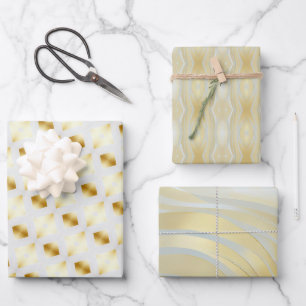 Trendy Opulent Gold and White Multi Patterned  Wrapping Paper Sheets