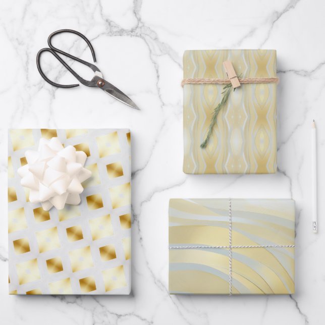 Trendy Opulent Gold and White Multi Patterned  Wrapping Paper Sheets (Front)