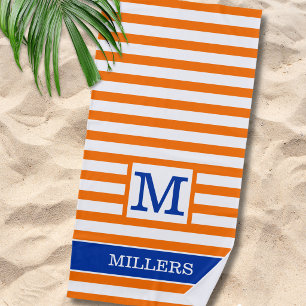 Trendy Orange And Blue Cabana Stripe Monogrammed Beach Towel