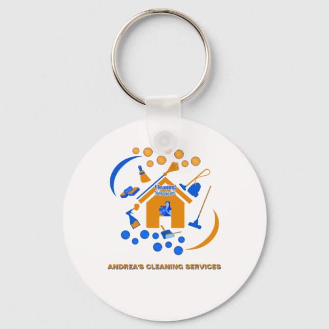Trendy Orange and Blue Cleaning Sevices Logo Cute  Keychain (Front)